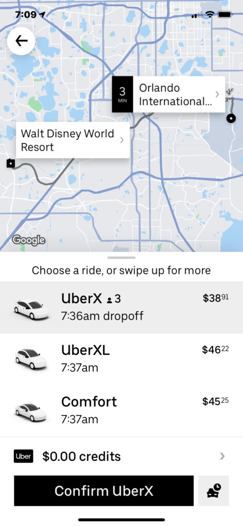 Uber pricing from MCO to Walt Disney World